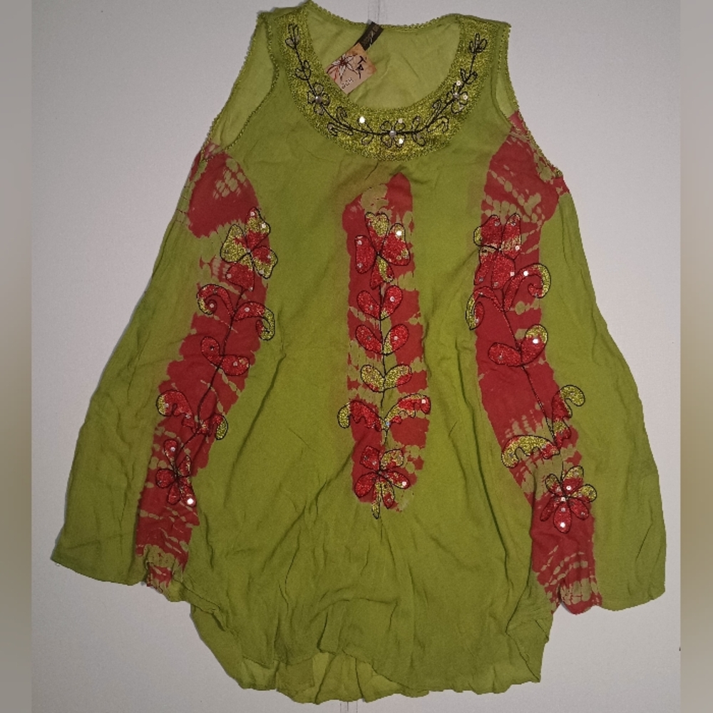 NWT True Rock Women's Free Size OSFM Green Red Embroidered Sequin Art-wear Dress